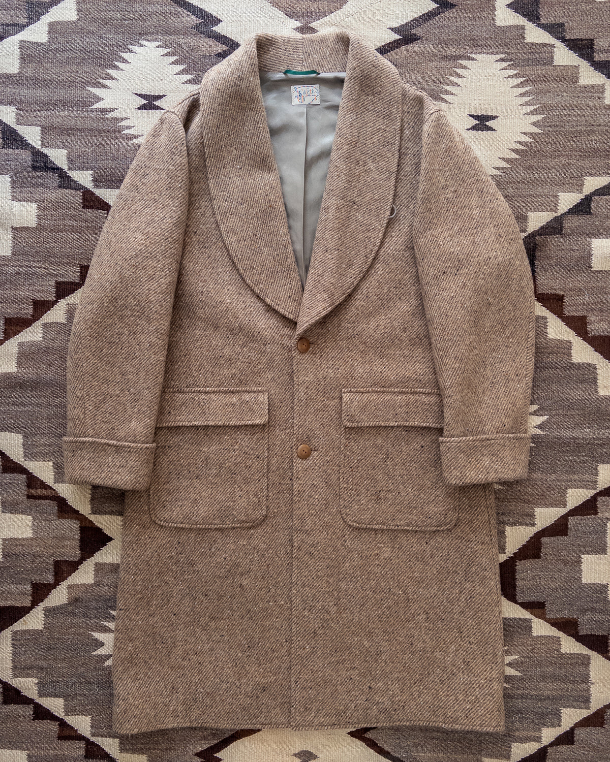 Shawl Collar Overcoat - Tan/Cream Alpaca Twill Tweed