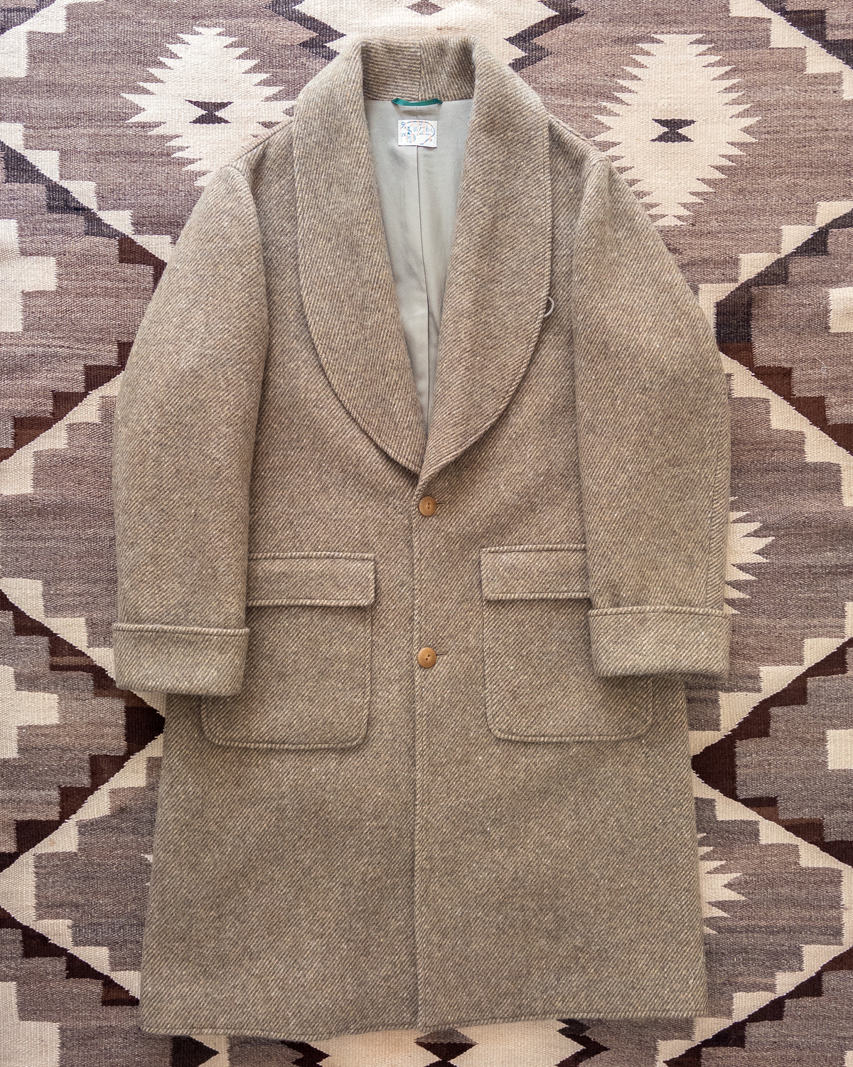 Shawl Collar Overcoat - Olive/Cream Alpaca Twill Tweed