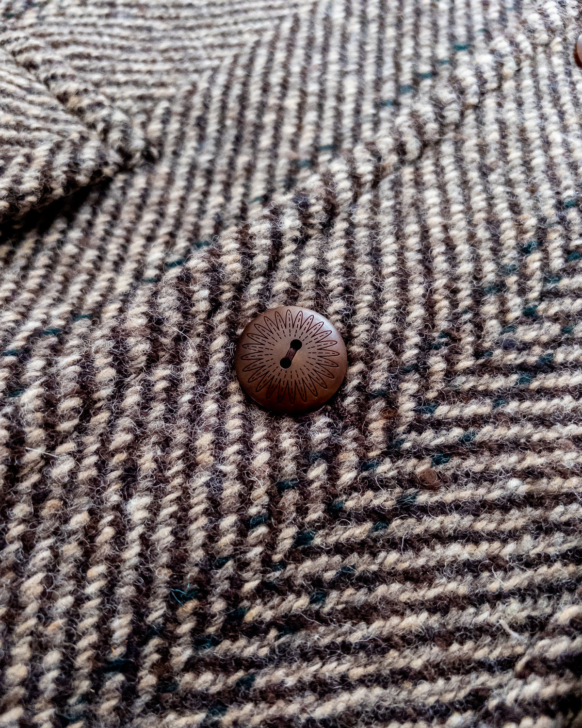 Raglan Overcoat - Grey/Brown Herringbone Deco Stripe Tweed