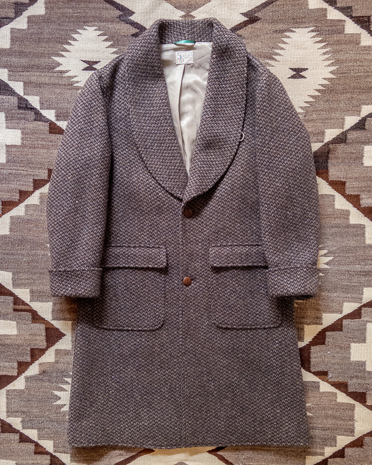 Shawl Collar Overcoat - Grey/Brown Barleycorn Tweed