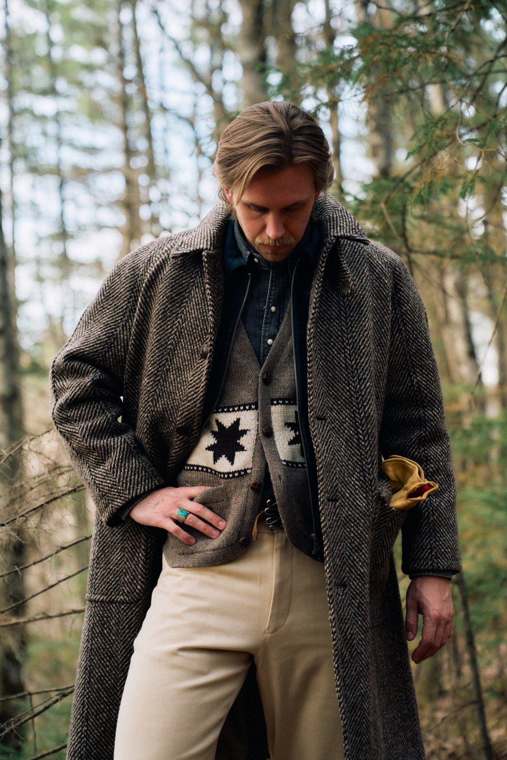 Raglan Overcoat - Grey/Brown Herringbone Deco Stripe Tweed